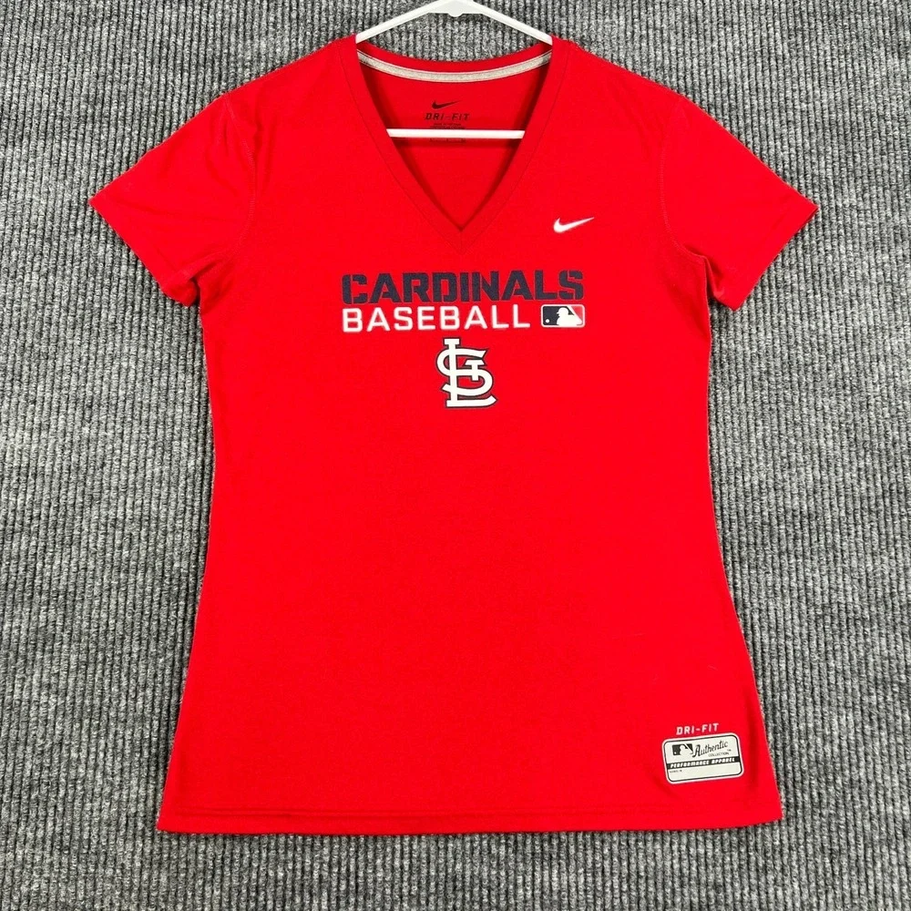 St. Louis Cardinals Shirt Womens Small Red Short Sleeve V Neck MLB Nike Baseball